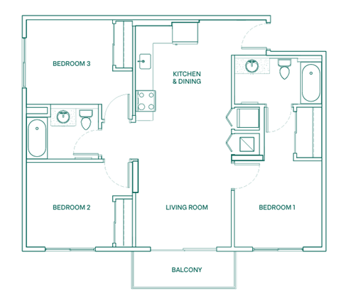 A floor plan of a house with a living room, kitchen, and three bedrooms.
